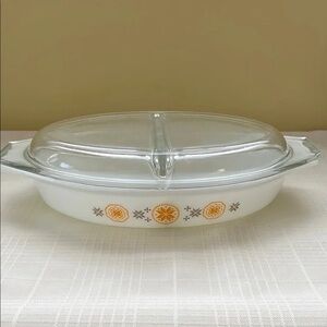 Pyrex White Divided Dish with Orange Floral Design